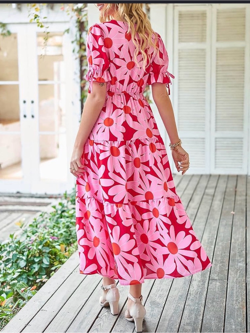 Pink and Red Floral Midi Dress with Yellow Accents